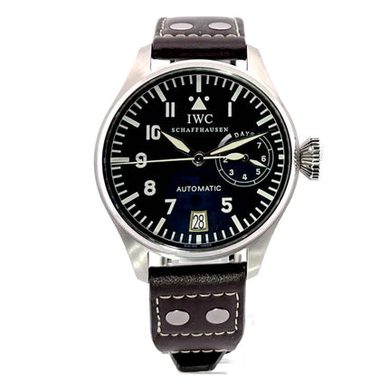 IWC Große Fliegeruhr IW500201 aus 2005, Edelstahlgehäuse, schwarzes Zifferblatt, braunes Lederarmband, 46mm Durchmesser, 15.5mm Höhe.