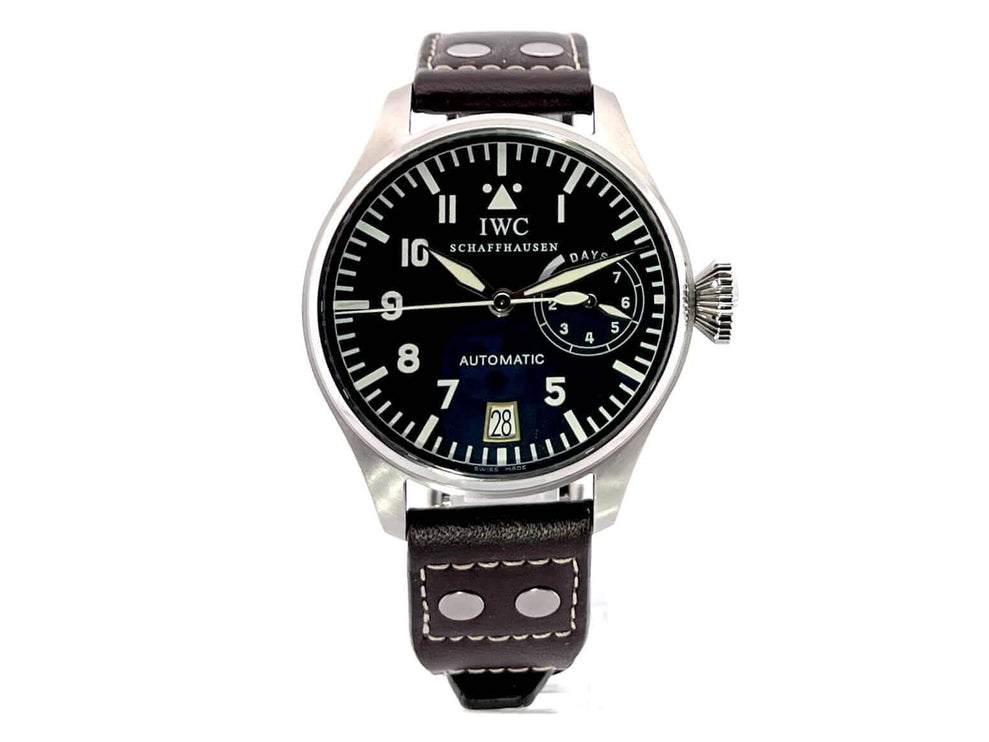 IWC Große Fliegeruhr IW500201 aus 2005, Edelstahlgehäuse, schwarzes Zifferblatt, braunes Lederarmband, 46mm Durchmesser, 15.5mm Höhe.