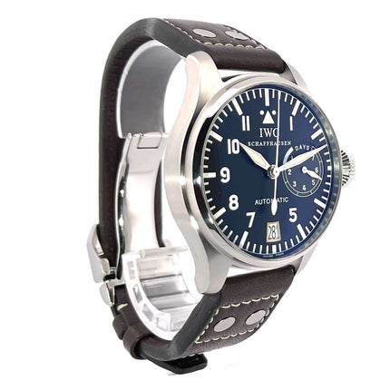 IWC Große Fliegeruhr IW500201, 46mm Edelstahlgehäuse, schwarzes Zifferblatt, braunes Lederarmband, Automatikwerk, Ref. 2005