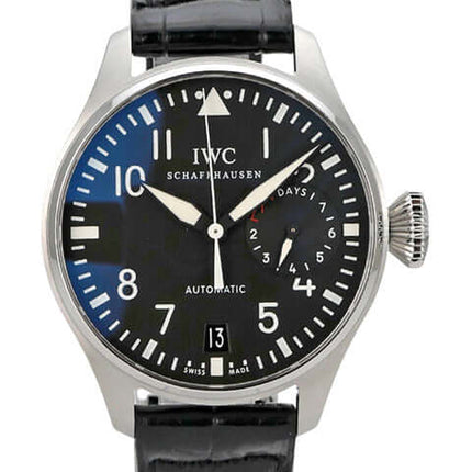 IWC Big Pilot Fliegeruhr IW500401 mit schwarzem Zifferblatt und Lederarmband, Automatikwerk, Datumsanzeige.