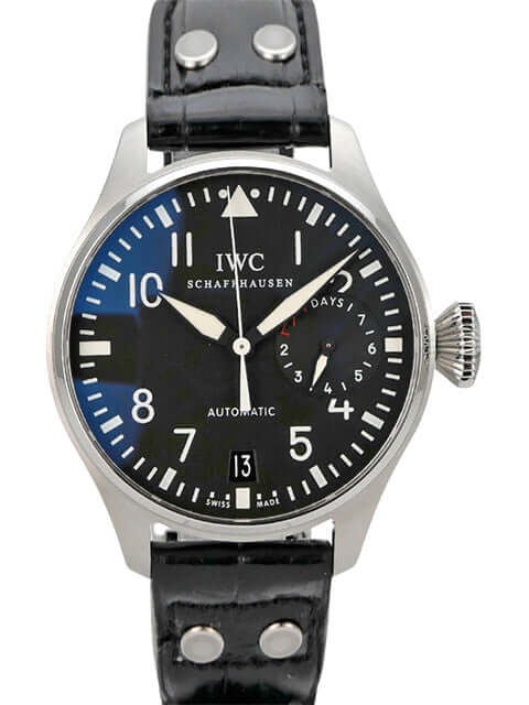 IWC Big Pilot Fliegeruhr IW500401 mit schwarzem Zifferblatt und Lederarmband, Automatikwerk, Datumsanzeige.