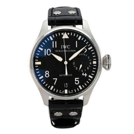 IWC Big Pilot Fliegeruhr IW500401 mit schwarzem Zifferblatt und Lederarmband, poliertem Edelstahlgehäuse.
