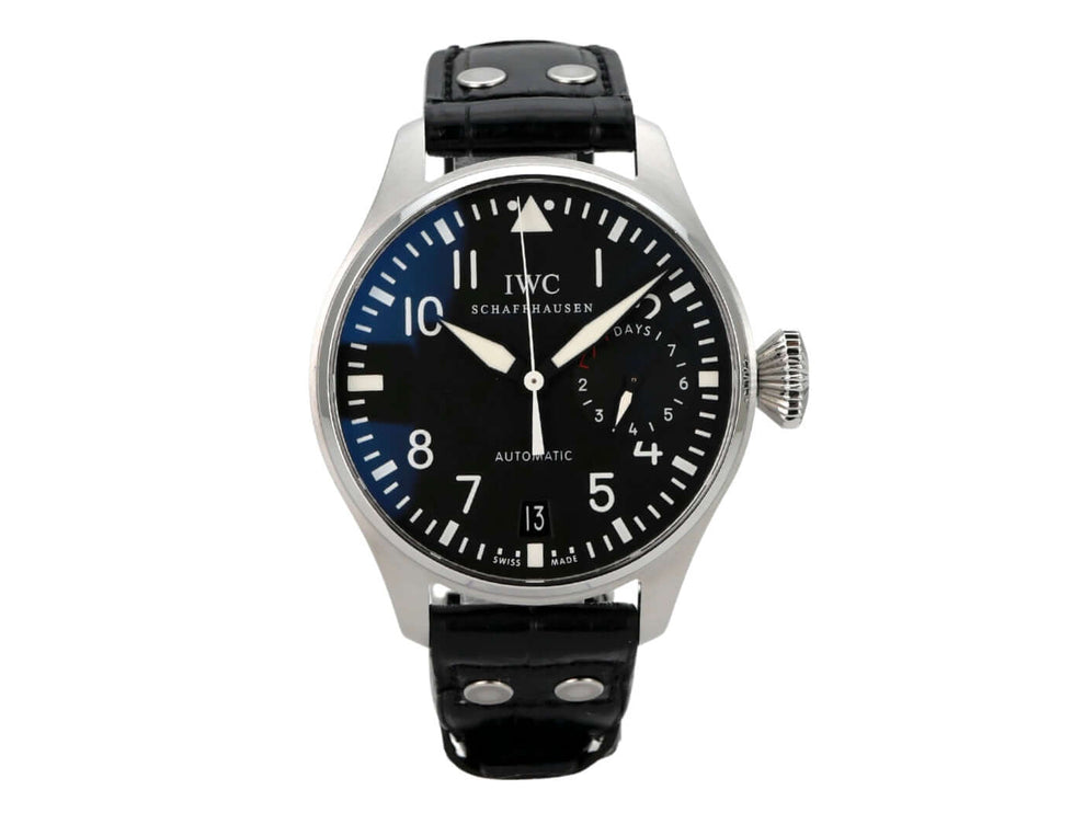 IWC Big Pilot Fliegeruhr IW500401 mit schwarzem Zifferblatt und Lederarmband, poliertem Edelstahlgehäuse.