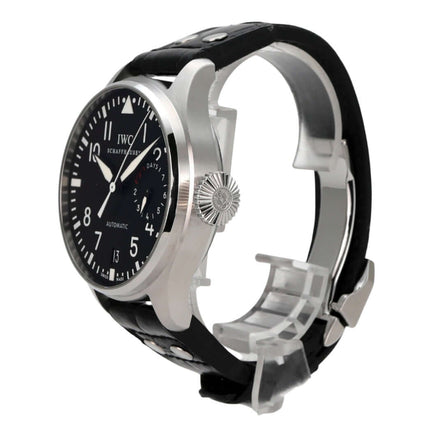 IWC Big Pilot Fliegeruhr IW500401 mit schwarzem Zifferblatt und Lederarmband, Gehäuse aus poliertem Edelstahl.