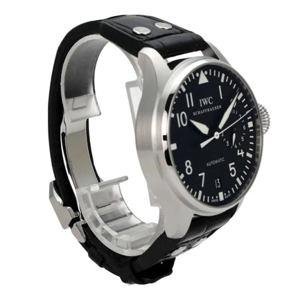 IWC Big Pilot Fliegeruhr IW500401 mit schwarzem Lederarmband und schwarzem Zifferblatt, glänzendes Edelstahlgehäuse.