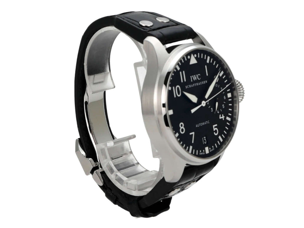 IWC Big Pilot Fliegeruhr IW500401 mit schwarzem Lederarmband und schwarzem Zifferblatt, glänzendes Edelstahlgehäuse.