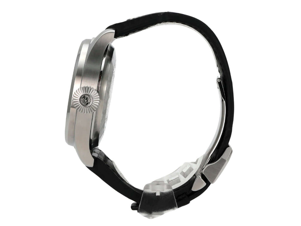 IWC Big Pilot Fliegeruhr IW500401 seitliche Ansicht mit schwarzem Lederarmband und Edelstahlgehäuse