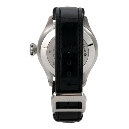 IWC Big Pilot Fliegeruhr IW500401 mit schwarzem Lederarmband und Edelstahl-Gehäuse von hinten.