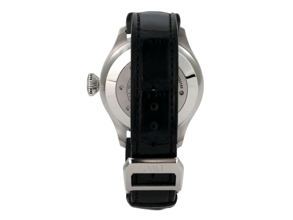 IWC Big Pilot Fliegeruhr IW500401 mit schwarzem Lederarmband und Edelstahl-Gehäuse von hinten.