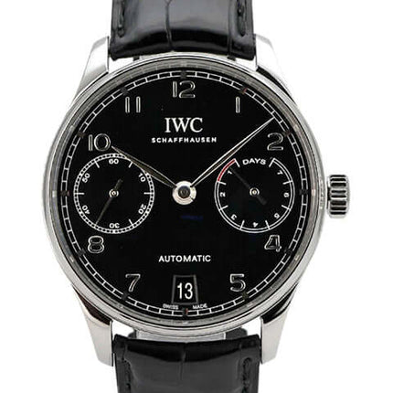 IWC Portugieser Automatic 7 Tage IW500703, schwarzes Zifferblatt, Krokolederarmband, elegante Herrenuhr.