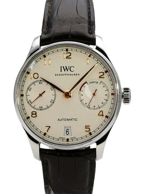 IWC Portugieser Automatic 7 Tage IW500704 - Edelstahl-Gehäuse mit braunem Krokolederarmband und silbernem Zifferblatt.
