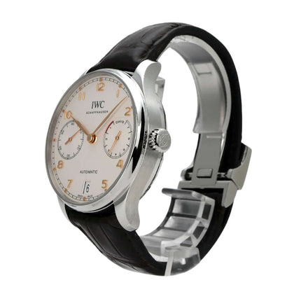 IWC Portugieser Automatic 7 Tage IW500704 Uhr mit Edelstahlgehäuse und braunem Krokoleder Armband.