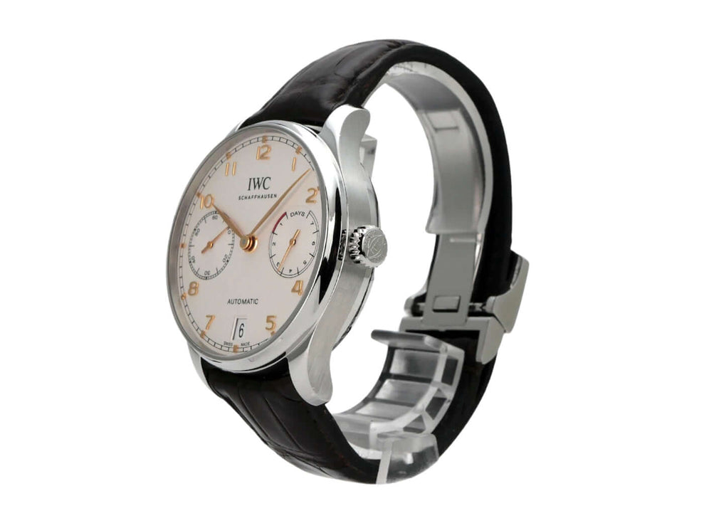 IWC Portugieser Automatic 7 Tage IW500704 Uhr mit Edelstahlgehäuse und braunem Krokoleder Armband.