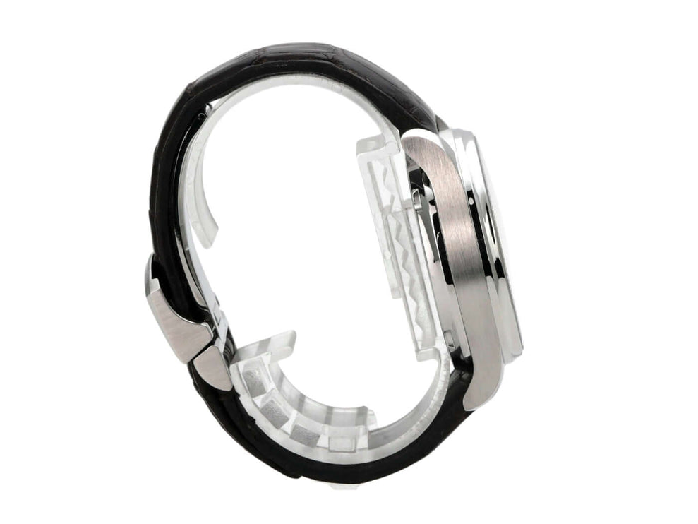 IWC Portugieser Automatic 7 Tage IW500704 Armbanduhr seitliche Ansicht mit Edelstahlgehäuse und Krokolederarmband.