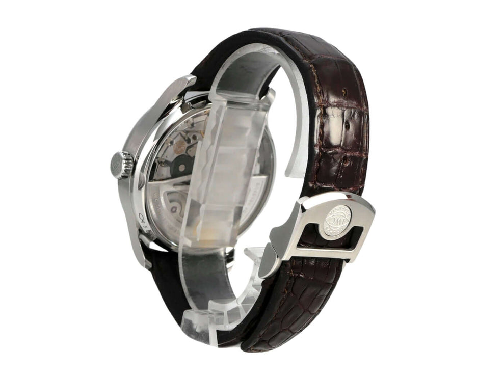 IWC Portugieser Automatic 7 Tage IW500704 Uhrenseite mit braunem Krokolederarmband und transparentem Käfig.