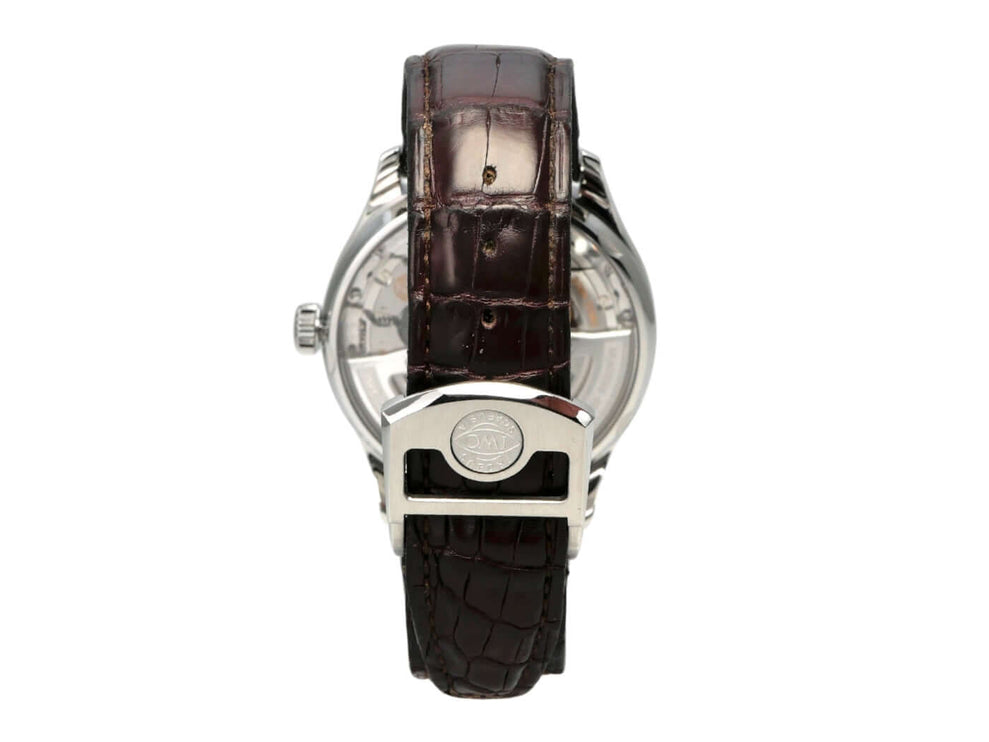 Rückansicht der IWC Portugieser Automatic 7 Tage IW500704 mit braunem Krokolederarmband und Edelstahlgehäuse.