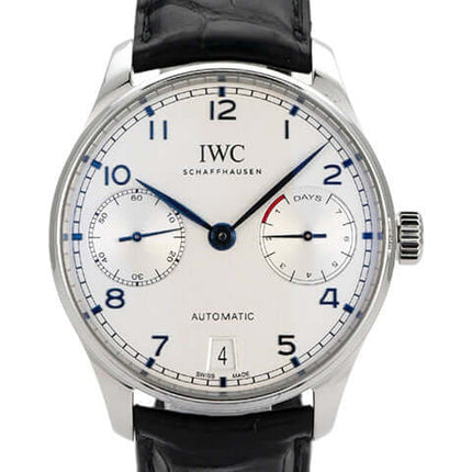 IWC Portugieser Automatic 7 Tage IW500705 mit silberfarbenem Zifferblatt und schwarzem Krokoleder Armband aus 2019.