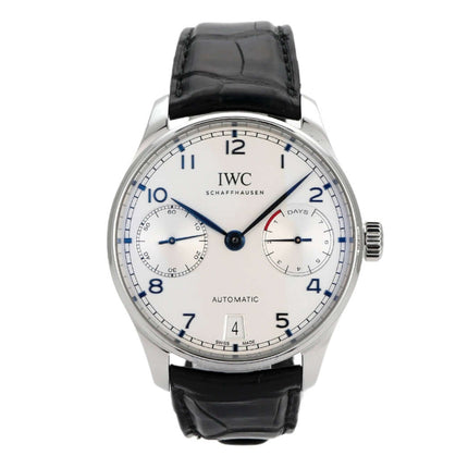IWC Portugieser Automatic 7 Tage IW500705, Edelstahl, 42,3 mm, silbernes Zifferblatt, schwarzes Krokolederarmband.
