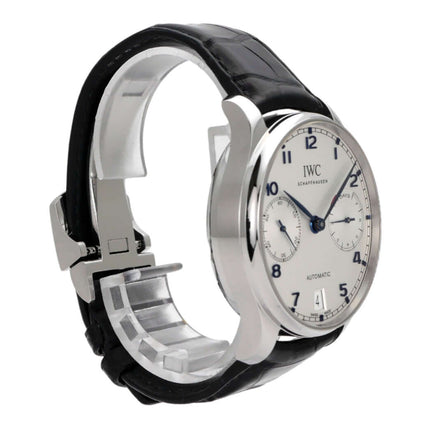 IWC Portugieser Automatic 7 Tage IW500705, Edelstahlgehäuse, schwarzes Krokolederarmband, silberfarbenes Zifferblatt