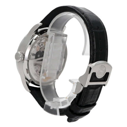 IWC Portugieser Automatic 7 Tage IW500705, Edelstahlgehäuse, schwarzes Krokolederarmband, Übersicht von der Seite.