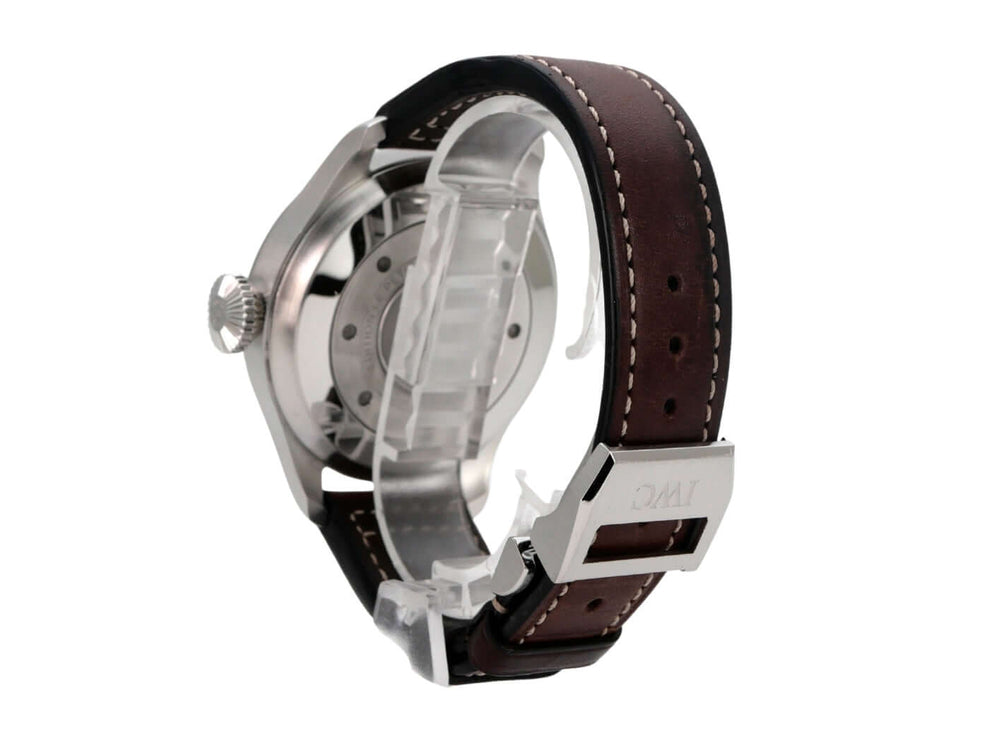 IWC Big Pilots IW500916 Le Petit Prince Uhr mit braunem Lederarmband und Edelstahlgehäuse, Seitansicht.