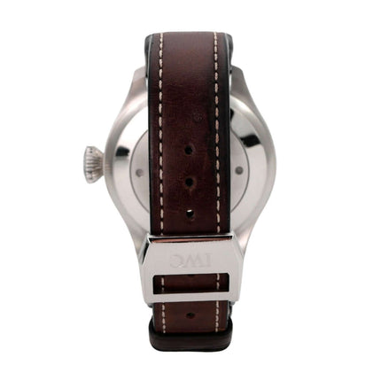 IWC Big Pilots IW500916 Le Petit Prince Rückansicht mit braunem Lederarmband und Edelstahlgehäuse.