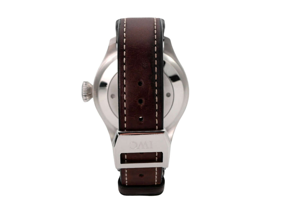 IWC Big Pilots IW500916 Le Petit Prince Rückansicht mit braunem Lederarmband und Edelstahlgehäuse.