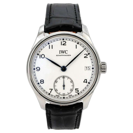 IWC Portugieser Handaufzug IW510212 Acht Tage Edition 150 Years Edelstahl Uhr mit weißem Zifferblatt und Lederband