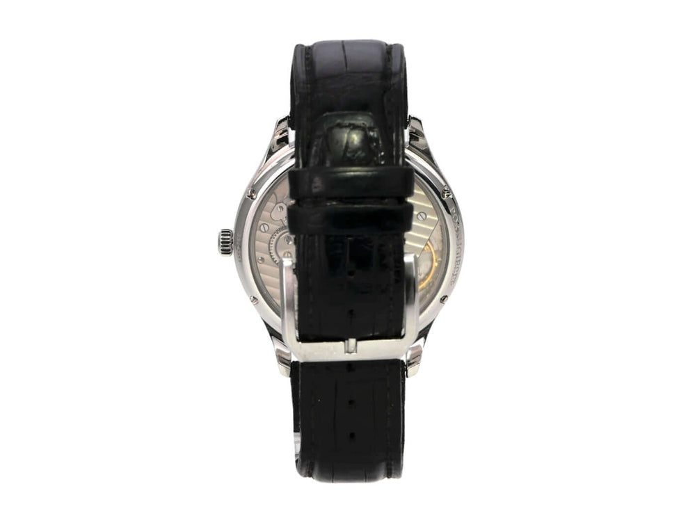 IWC Portugieser Hand-Wound 1939 IW544501 Rückansicht mit schwarzem Alligatorlederband und Saphirglas Sichtboden.