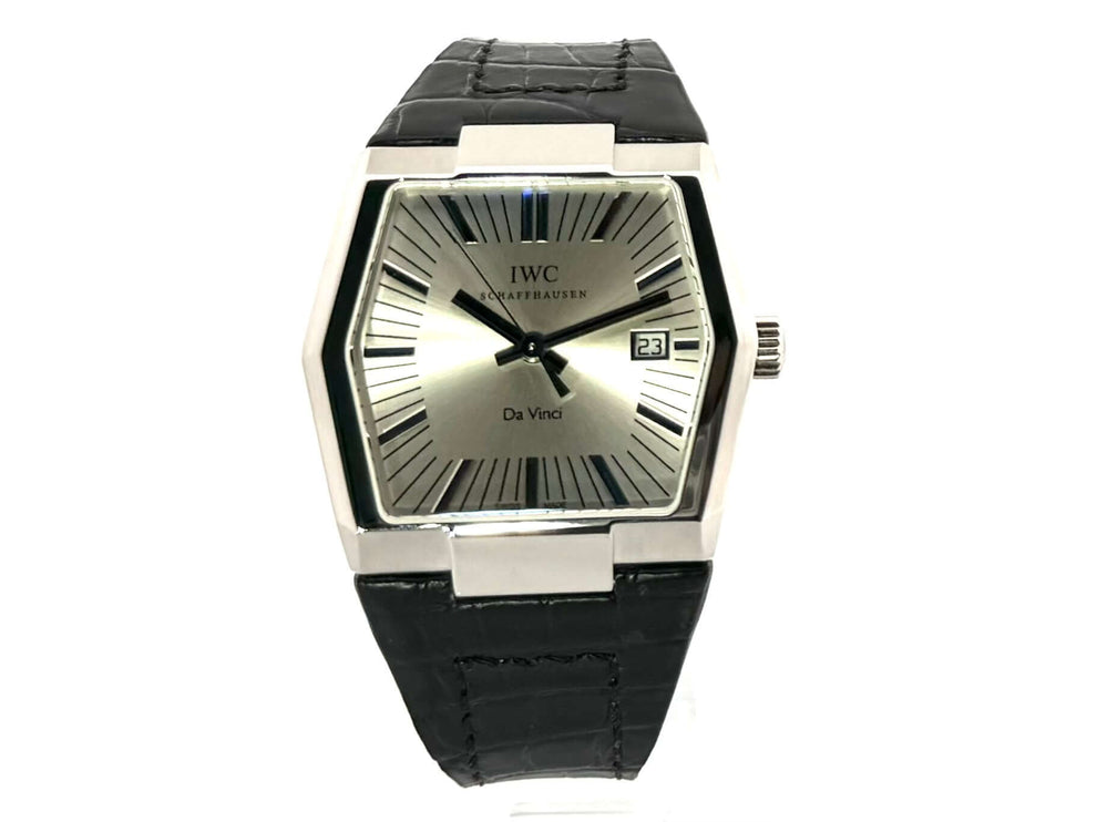 IWC Da Vinci Automatic Vintage 1969 Platin Uhr mit schwarzem Lederarmband und silberfarbenem Zifferblatt