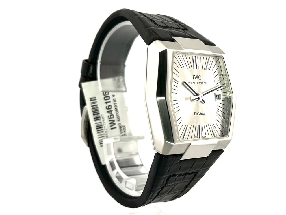 IWC Da Vinci Automatic Vintage 1969 IW546105 mit platinfarbenem Gehäuse, schwarzem Lederarmband und silberfarbenem Zifferblatt