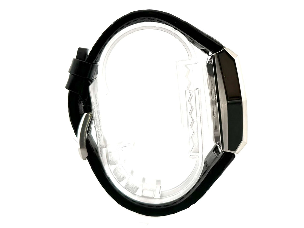 IWC Da Vinci Automatic Vintage 1969 Platinum IW546105 Seitenansicht des schwarzen Lederarmbands und Gehäuses.