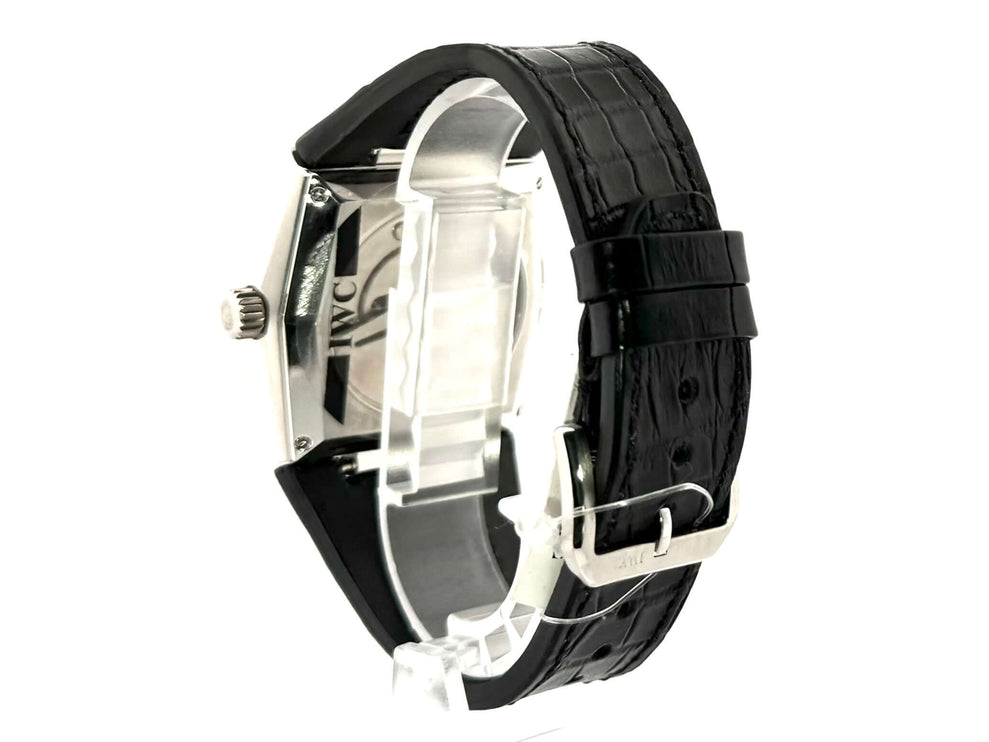 Rückansicht der IWC Da Vinci Automatic Vintage 1969 Platin Uhr mit schwarzem Lederarmband und Dornschließe
