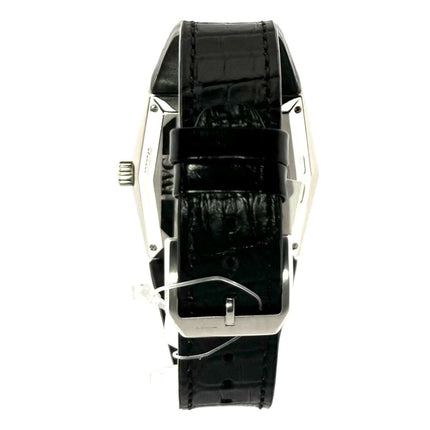 Rückseite der IWC Da Vinci Automatic Vintage 1969 Platin IW546105 mit schwarzem Lederarmband und Dornschließe