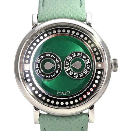 MB&F M.A.D.2 Editions Green Uhr mit grünem Zifferblatt und grünem Lederband, Edelstahlgehäuse, Automatik.