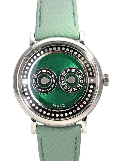MB&F M.A.D.2 Editions Green Uhr mit grünem Zifferblatt und grünem Lederband, Edelstahlgehäuse, Automatik.