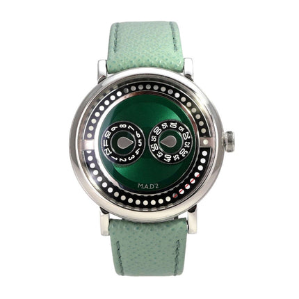 MB&F M.A.D.2 Editions Green Uhr mit grünem Zifferblatt und Lederband, modernes Design, 42 mm Gehäuse.