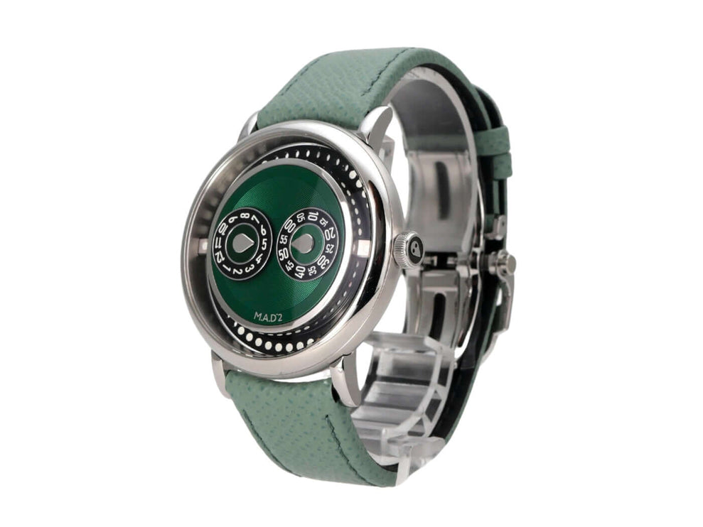 MB&F M.A.D.2 Editions Green Uhr mit grünem Zifferblatt und Lederband, Edelstahlgehäuse und mechanischem Aufzug.