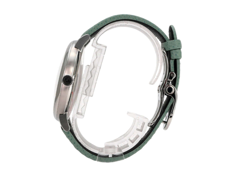MB&F M.A.D.2 Editions Green Ansicht von der Seite mit grünem Lederband und Edelstahlgehäuse