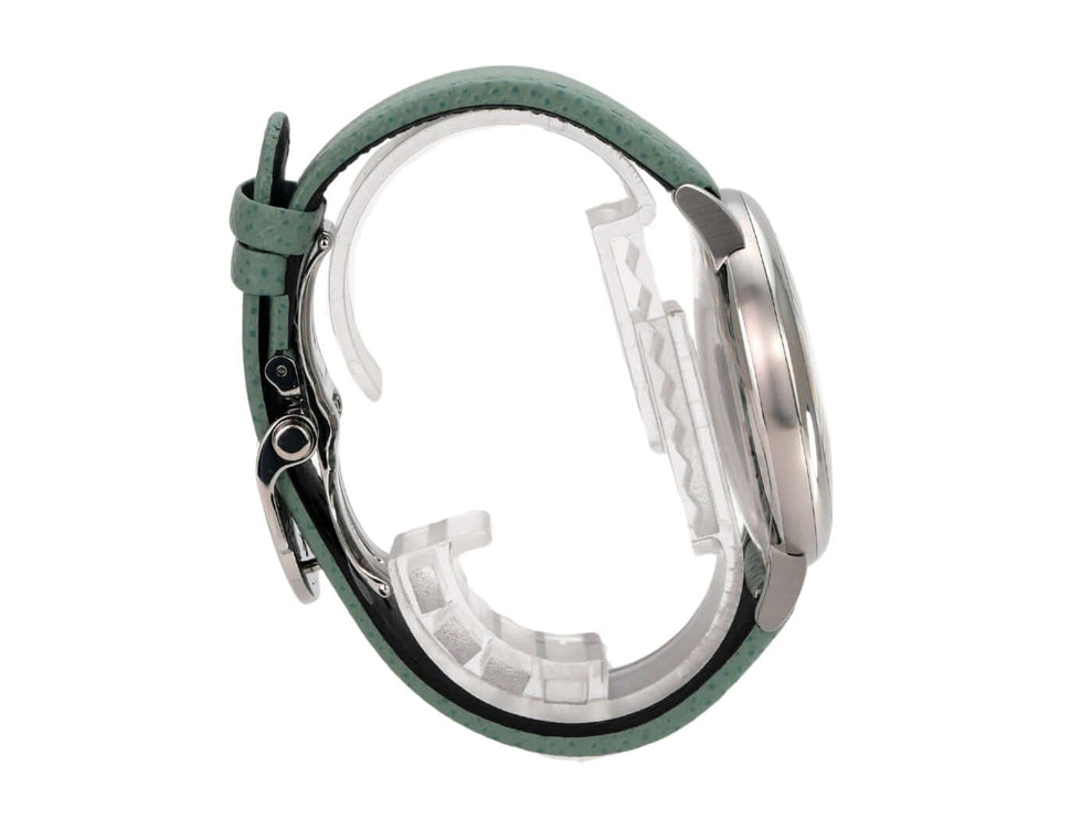 MB&F M.A.D.2 Editions Green Uhr mit grünem Lederband und poliertem Edelstahlgehäuse von der Seite.