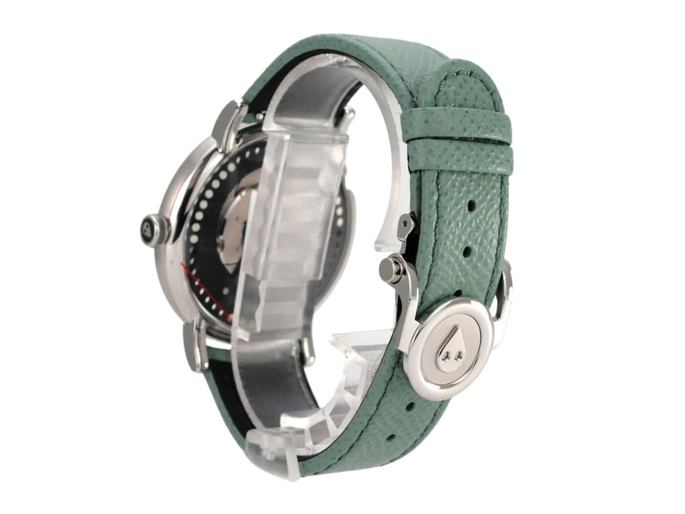 MB&F M.A.D.2 Editions Green Uhr seitliche Ansicht mit grünem Lederband und Edelstahlgehäuse.