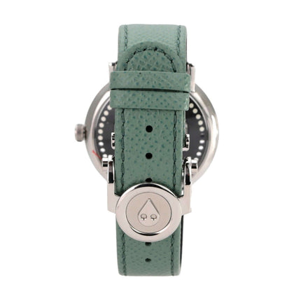 MB&F M.A.D.2 Editions Green Uhr mit grünem Lederband und Edelstahl-Schließe, Rückansicht.