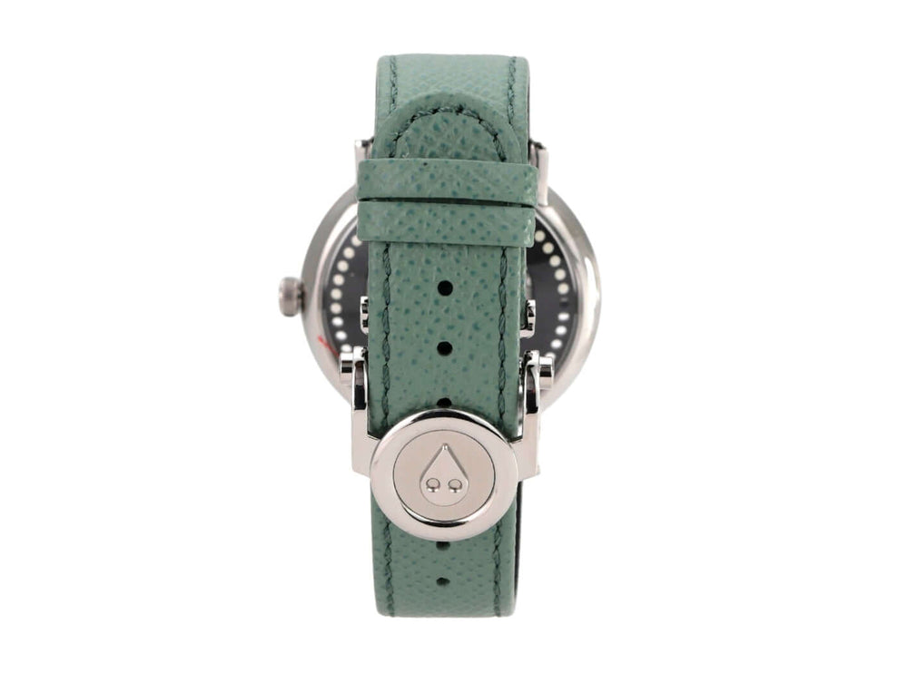 MB&F M.A.D.2 Editions Green Uhr mit grünem Lederband und Edelstahl-Schließe, Rückansicht.