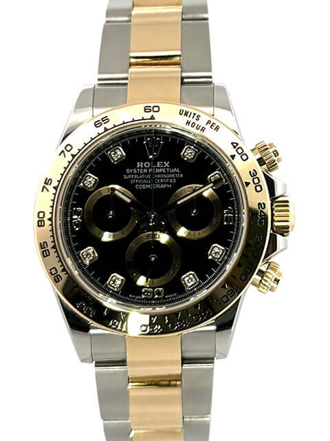 Rolex Daytona Edelstahl Gelbgold 116503 mit schwarzem Diamantzifferblatt und Tachymeterskala, Oyster Armband in Edelstahl und 18 kt Gelbgold
