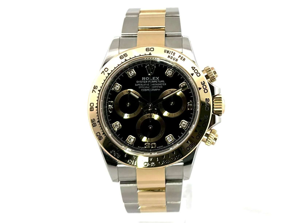 Rolex Daytona Edelstahl und Gelbgold 116503 Schwarz DIA mit 40 mm Gehäuse, schwarzem Diamantzifferblatt und Oyster Armband.