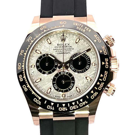 Rolex Daytona 116515LN Everose-Gold Meteorite Oysterflex Uhr mit schwarzem Armband und Meteoritenzifferblatt, Keramiklünette und Leuchtindizes