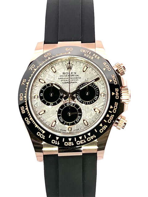 Rolex Daytona 116515LN Everose-Gold Meteorite Oysterflex Uhr mit schwarzem Armband und Meteoritenzifferblatt, Keramiklünette und Leuchtindizes