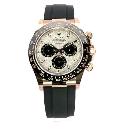 Rolex Daytona 116515LN Everose-Gold Meteorite Zifferblatt, schwarzes Oysterflex-Armband, Keramik Lünette 40 mm.