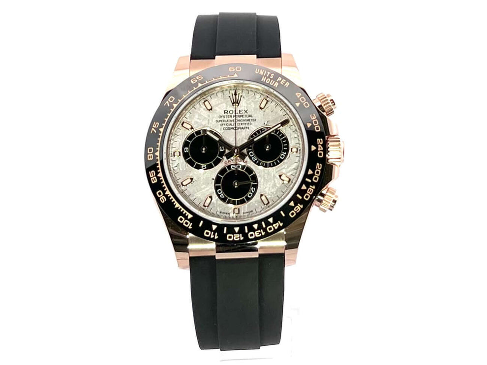 Rolex Daytona 116515LN Everose-Gold Meteorite Zifferblatt, schwarzes Oysterflex-Armband, Keramik Lünette 40 mm.