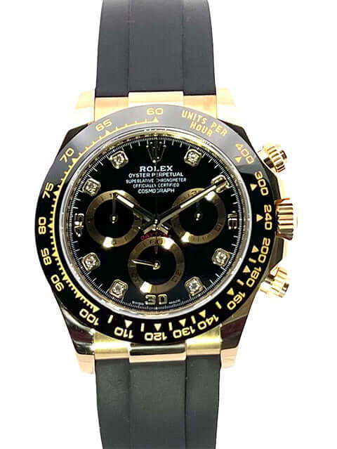 Rolex Daytona 116518LN Gelbgold mit schwarzem Diamantzifferblatt und Oysterflex-Band.
